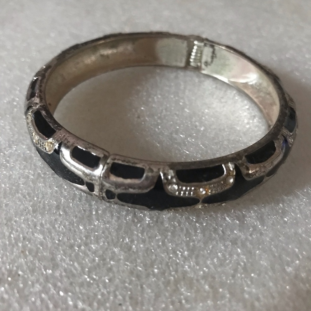 Silver-Tone Black Enamel Women's Bangle Bracelet